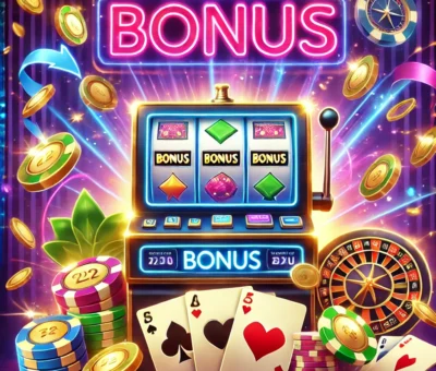 Parlak ışıklı bir slot makinesi, dönen makaralarda 'BONUS' yazısı, uçuşan altın paralar, poker fişleri ve iskambil kartları ile online casino bonus özelliklerini gösteren heyecan verici bir görüntü.