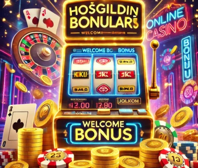 Online casino hoşgeldin bonusu konseptini gösteren parlak ve etkileyici bir dijital illüstrasyon. Slot makinesi ekranında "Hoşgeldin Bonusları" yazısı, çevresinde altın paralar, poker fişleri ve jackpot çarkı yer alıyor.