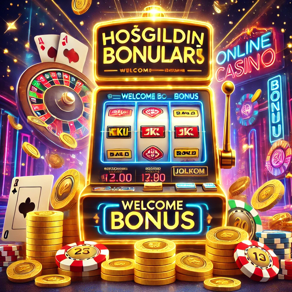 Online casino hoşgeldin bonusu konseptini gösteren parlak ve etkileyici bir dijital illüstrasyon. Slot makinesi ekranında "Hoşgeldin Bonusları" yazısı, çevresinde altın paralar, poker fişleri ve jackpot çarkı yer alıyor.