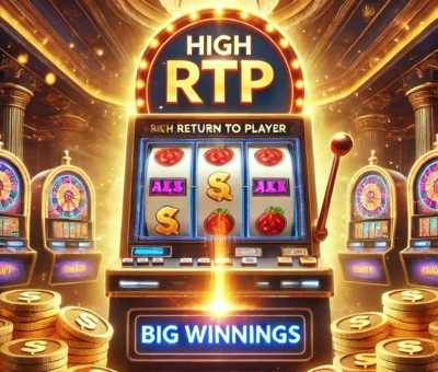 Online casino high RTP slot makinesi, parlak ışıklar ve altın paralarla çevrili, büyük kazançları simgeleyen bir görüntü.