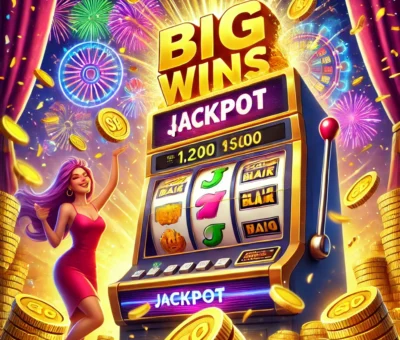 Büyük ikramiye kazancı gösteren renkli ve heyecan verici bir online casino sahnesi. Slot makinesinden fırlayan altın paralar ve arka planda kutlama yapan şanslı oyuncu.