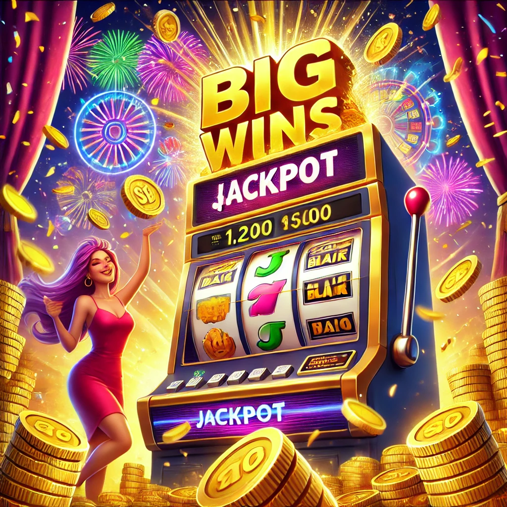 Büyük ikramiye kazancı gösteren renkli ve heyecan verici bir online casino sahnesi. Slot makinesinden fırlayan altın paralar ve arka planda kutlama yapan şanslı oyuncu.