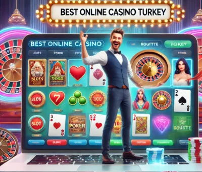 Türkiye’nin en iyi online casino oyunlarını gösteren modern ve renkli bir arayüz. Slotlar, poker, rulet gibi çeşitli oyunlar ve arka planda kutlama yapan mutlu bir oyuncu.