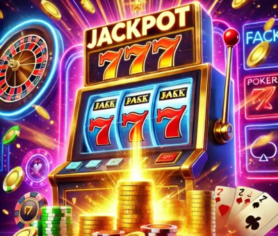 Kazanan kombinasyon (777) gösteren bir slot makinesi, altın paraların patlaması ve neon casino tabelaları ile heyecan verici bir online casino sahnesi.