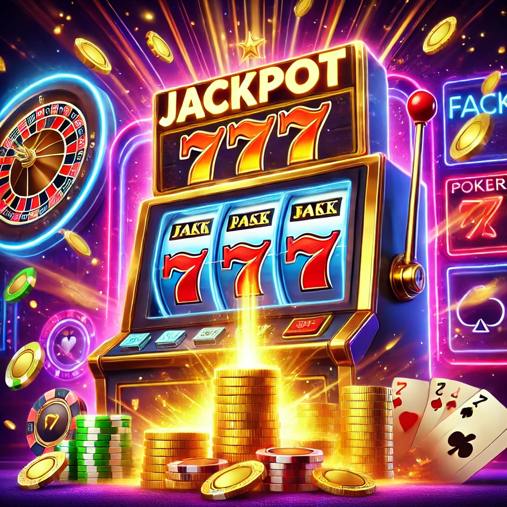 Kazanan kombinasyon (777) gösteren bir slot makinesi, altın paraların patlaması ve neon casino tabelaları ile heyecan verici bir online casino sahnesi.